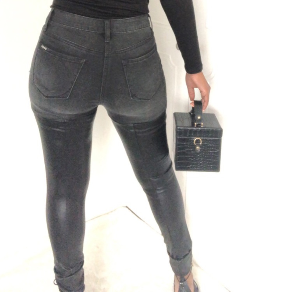 High rise fake leather denim pants